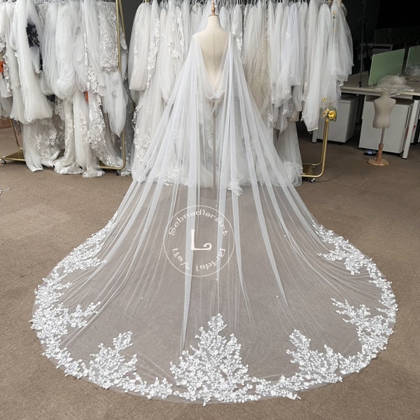 V-Back Wedding Cape,3D Flower Pearls Sequins Lace Wedding Cape,Lace Veil with Floral Design,Lace Cape with Embroidered Flowers,Custom Veil