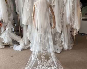 Lace Flower Leaves Wedding Veil,Floor 72'' Bridal Veil,Elegant Bridal Veil,Hand Embroidered,Soft veil, Flowers Bridal Veil,Custom veil