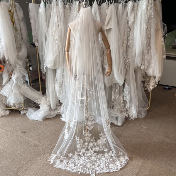 Lace Flower Leaves Wedding Veil,Floor 72'' Bridal Veil,Elegant Bridal Veil,Hand Embroidered,Soft veil, Flowers Bridal Veil,Custom veil