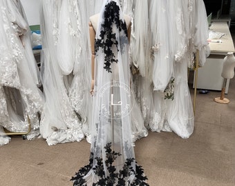 Floor Length Bridal Veil with Black Lace Flower Wedding Veil,Elegant Bridal Veil,Hand Embroidered,Soft veil, Flowers Bridal Veil,Custom veil