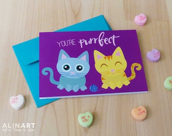 Animal Pun Illustrated Greeting Card - You're Purrfect - Cats - Kitten - Friendship, Love, Valentine, Anniversary, Mothers Fathers Day
