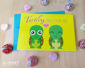 Animal Pun Illustrated Greeting Card - Turtley Crazy for You - Turtles - Friendship, Love, Valentine, Anniversary, Mothers Fathers Day