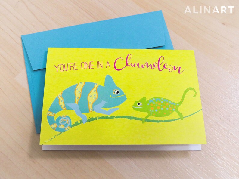 Animal Pun Illustrated Greeting Card You're One in a Chameleon Veiled Chameleons Friendship, Love, Valentine, Anniversary, Lizard image 2