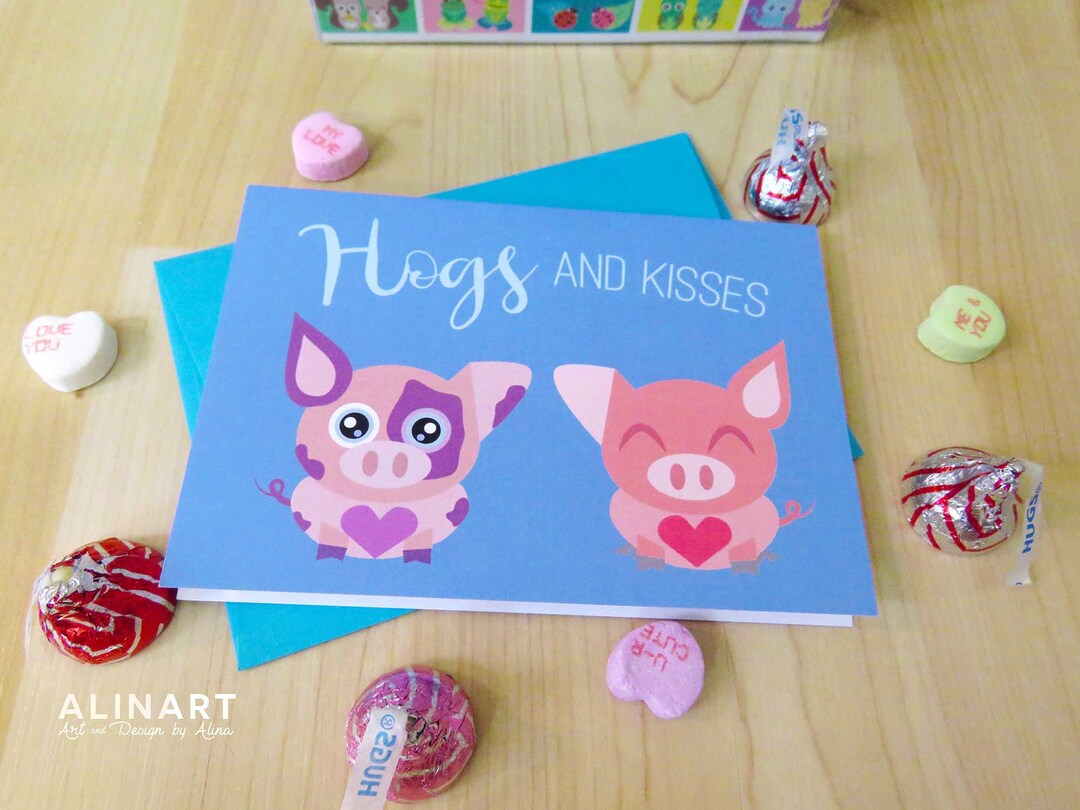 Animal Pun Illustrated Greeting Card Hogs and Kisses Pig Friendship ...