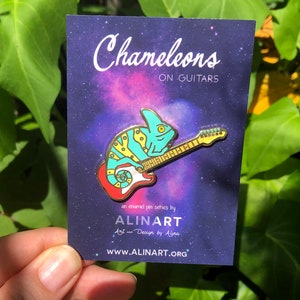 Veiled Chameleon on Red Guitar - Hard Enamel Pin - Turquoise and Yellow Cloisonne - Lapel Pin