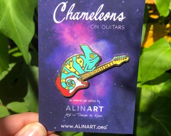 Veiled Chameleon on Red Guitar - Hard Enamel Pin - Turquoise and Yellow Cloisonne - Lapel Pin