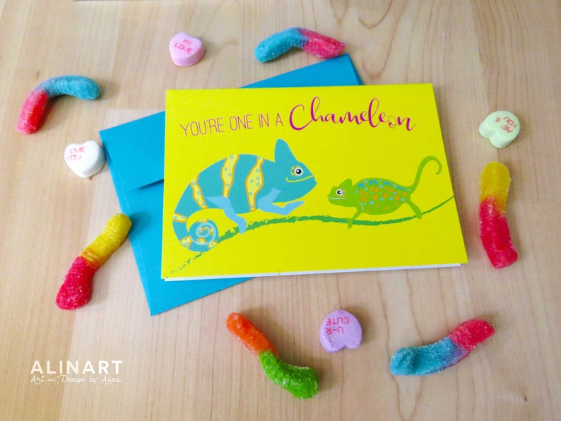 Animal Pun Illustrated Greeting Card You're One in a Chameleon Veiled Chameleons Friendship, Love, Valentine, Anniversary, Lizard image 1