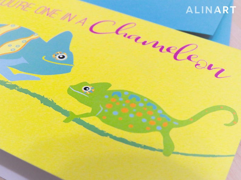 Animal Pun Illustrated Greeting Card You're One in a Chameleon Veiled Chameleons Friendship, Love, Valentine, Anniversary, Lizard image 3