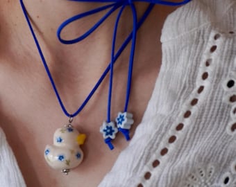 Ceramic Duck Necklace Handmade Floral Duck Pendant  Cottagecore Jewelry Gift for Her