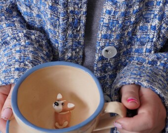 Hand-Painted Dog Mug Set | Ceramic Cup with Dog Figurine