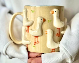 Handmade Goose Mug | 400ml Ceramic Cup with Geese | Whimsical Farm Pottery | Cute Animal Mug | Cozy Handmade Gift