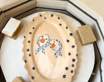 Plate “Spring Hens”Goose  Hand Painted Ceramic Serving Plate Farmhouse Kitchen Decor