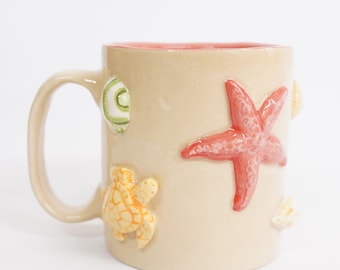 Sea Life Mug Handmade Ceramic Ocean Mug 400ml Starfish Shell Coffee Cup Coastal
