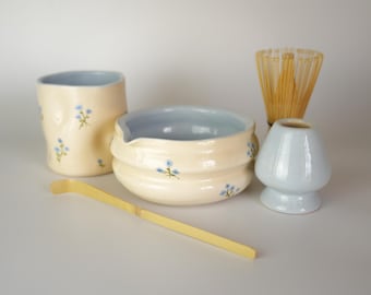 Handmade Matcha Set – Ceramic Blue Flower Matcha Bowl & Accessories – Whisk, Scoop, Chasen Holder