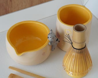 Handmade Matcha Set with Cat, Ceramic Matcha Bowl & Whisk Holder