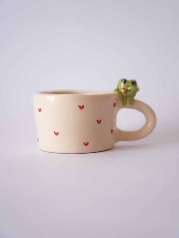 Mini Frog Mug: Handmade Porcelain Espresso Cup with Hearts