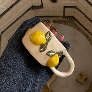 Handmade Ceramic Lemon Mug: 3D Pottery Coffee Cup with Gold Details