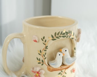 Gold Doves Mug 400 ml | Handmade Porcelain Wedding Gift | Romantic Anniversary Coffee Cup