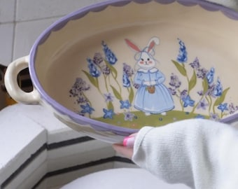 Hand Painted Ceramic Bunny Baking Dish, Spring Cottagecore Kitchen Decor