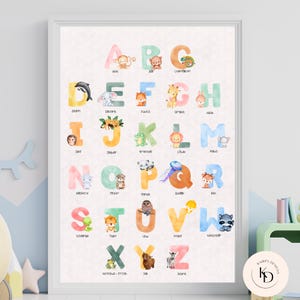Póster de pared Alfabeto ABC Preescolar Escuela primaria Motivos animales Póster Aprendizaje ABC Póster de aprendizaje Póster de letras Habitación infantil Decoración de pared A3 A4 imprimible