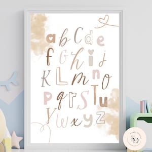 Póster de pared habitación infantil ABC en beige decoración alfabeto preescolar primaria escuela decoración habitación infantil cartel A3 y A4 habitación infantil cartel beige