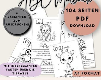 ABC coloring book with animals children elementary school preschool ABC learning digital coloring page to print baby shower download german printable