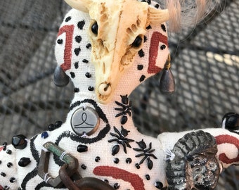 OOAK Hand-Beaded Shaman Mask Art Doll  "THE DARK" Voodoo New Orleans Ju-Ju Inspired Spirit Figure by Lois Simbach with story Zine.