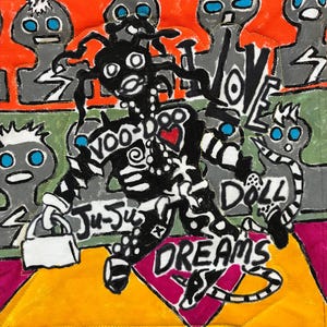 May include: A quilted fabric wall hanging featuring a central black figure with white accents, a red heart, and the text VOO-DOO, JU-JU, DOLL, and DREAMS. The background displays stylized gray figures with blue eyes against orange and green panels.