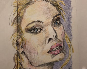 Women Portrait ACEO, pen and colored pencil,OOAK contemporary Original drawing by Lois Simbach