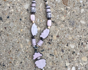 kiln fired raku bead necklace, long, hemp, light pink beads