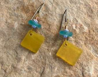 Dangle Earrings, Recycled yellow and aqua glass