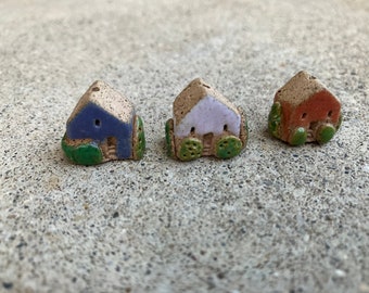 Kiln fired clay house beads with landscaping, ceramic house beads