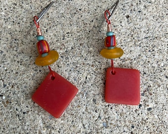 Dangle Earrings, Recycled yellow and red glass