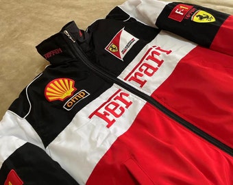 Veste de course Ferrari - Rouge classique rétro avec bande blanche - Empiècements brodés - Streetwear unisexe