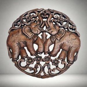 Elephant Wall Art in Wood – Carved Wood Panel Traditional for Home Decor, 12 x 12 Inch
