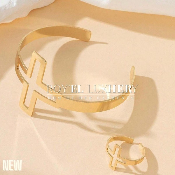 Modern Gold Crucifix cuff bracelet & ring set