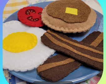 Felt Food Breakfast, Felt food pancake, felt food playset, felt bacon, felt fried egg, felt pancake, toy food, felt tomato, toy food set