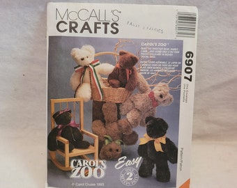 McCall's 6907, uncut pattern, stuffie pattern, teddy bear pattern, bear pattern, stuffed toy pattern, bunny pattern, lamb pattern, toys