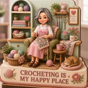 May include: A decorative figurine of a person named Mary crocheting in a green armchair, surrounded by yarn balls, books, a cat, and a sign that reads "CROCHETING IS MY HAPPY PLACE" and "MADE with LOVE". The scene includes shelves, plants, and tools.