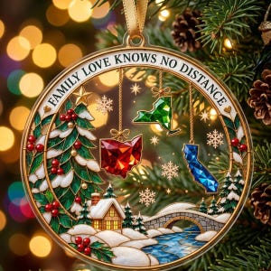 May include: A circular Christmas ornament featuring the text "FAMILY LOVE KNOWS NO DISTANCE" with a stained-glass style design. It depicts a snowy landscape with a house, bridge, and pine tree, plus three hanging crystal-like state shapes in red, green, and blue.