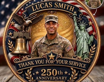 Personalized American 250th Anniversary Veteran Appreciation Gift, Custom Soldier Photo Coin, Thank You For Your Service, Patriotic Keepsake