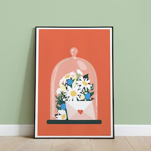 Bell Jar Liebesbrief und Blumen Giclée Blumendruck, Einzigartige Illustration Wanddekoration, Porträt, A4 & A3