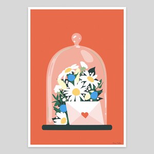 Impresión floral imprimible, carta de amor con forma de campana y flores, decoración de pared con ilustraciones únicas, descarga digital instantánea