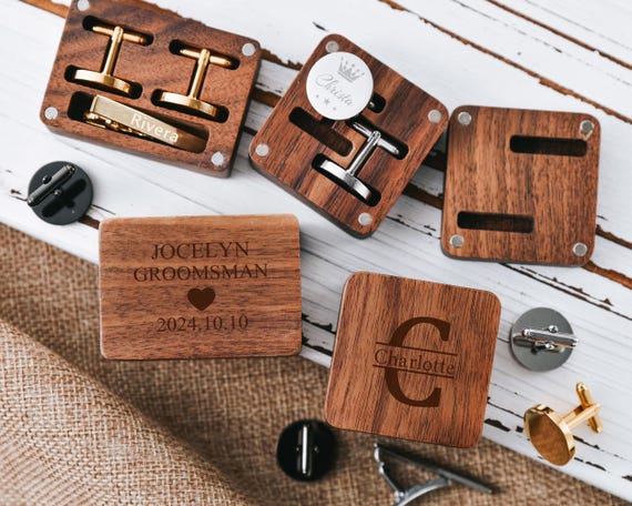 Boutons De Manchette Personnalisés Mariage - Noyer Noir Gravé - Boîte Cadeau - Pour Marié Et Témoins