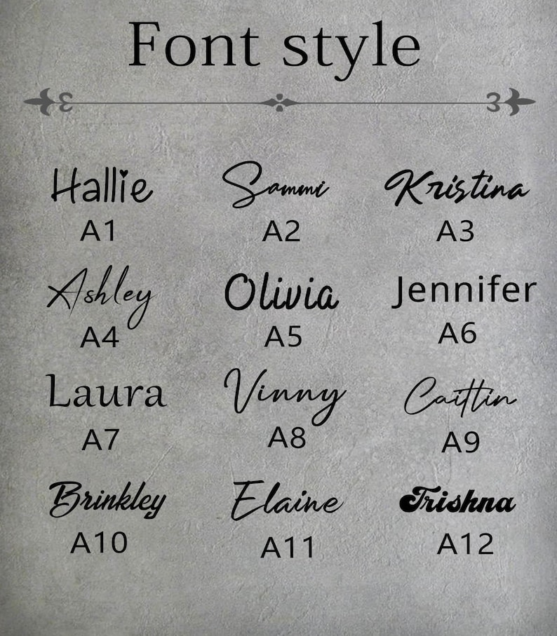 May include: A chart showing 12 different font styles with the names Hallie, Sammi, Kristina, Ashley, Olivia, Jennifer, Laura, Vinny, Caitlin, Brinkley, Elaine, and Trishna. Each font style is labeled with a letter and number, from A1 to A12.