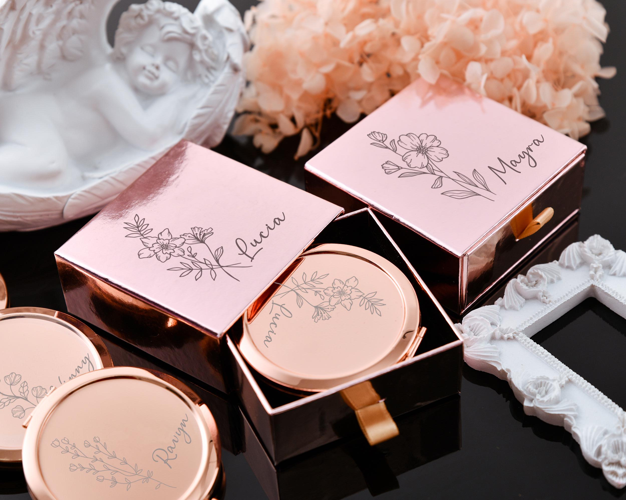 Customized compact mirrors, personalized birth flowers, carved bridesmaid pocket mirrors, bridesmaid custom gifts, special souvenirs