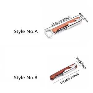 May include: Two styles of wooden handled bottle openers. The first style is 13.3 cm long and has a 4 cm bottle opener. The second style is 11 cm long and has a 2 cm bottle opener.