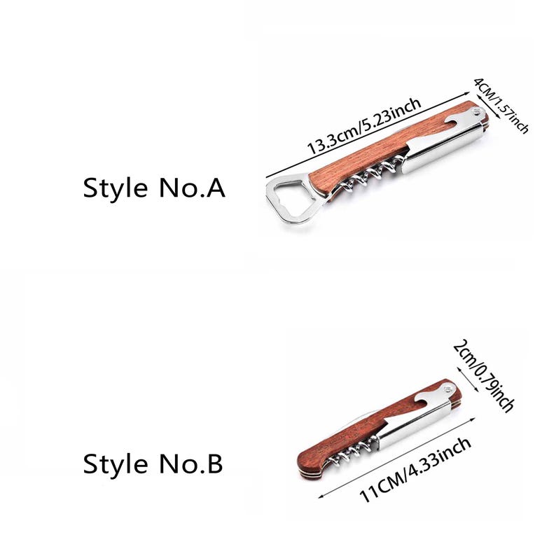 May include: Two styles of wooden handled bottle openers. The first style is 13.3 cm long and has a 4 cm bottle opener. The second style is 11 cm long and has a 2 cm bottle opener.