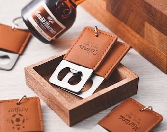 Personalized leather keychain bottle opener, customizable groomsmen gift, party favors, high quality leather wine opener best man gifts