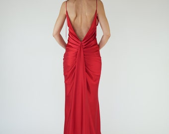 Silk dress with train •Silk Maxi Dress • Red Silk Gown • Open Back Silk Nightgown • Elegant Halter Dress • Boho Dress • Evening Gala Dress